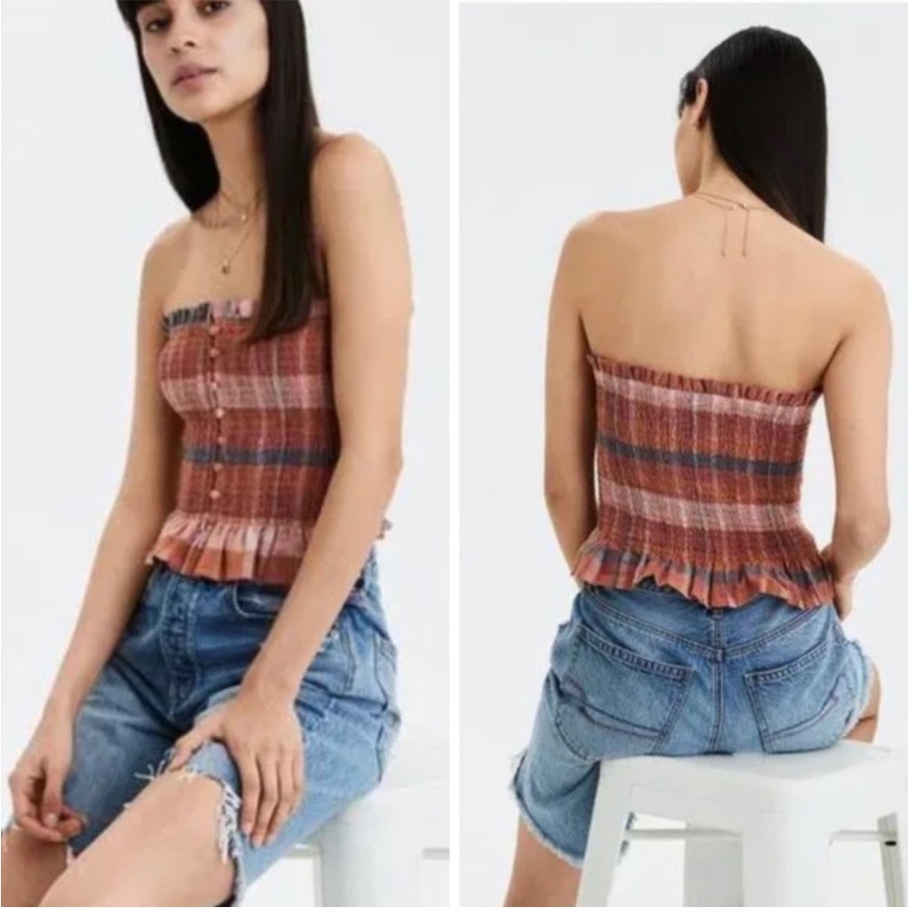 American Eagle Outfitters Plaid Smocked Ruffle Hem Bandeau Tube Top‎ in Size S